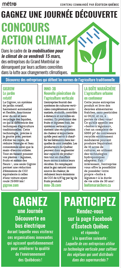 EcotechQuebec's tweet photo. JOUR 2 | Lisez notre dossier spécial 🌎CONCOURS ACTION CLIMAT🌎à la page 7 du @journalmetro et participez en répondant à la question du jour sur notre page Facebook! BONNE CHANCE!👇🌿👇🌿
@Inno_3B #laboîtemaraîchère #GiGrow
Article : https://t.co/lLT7yZFMBT https://t.co/BHsSQI9OYR