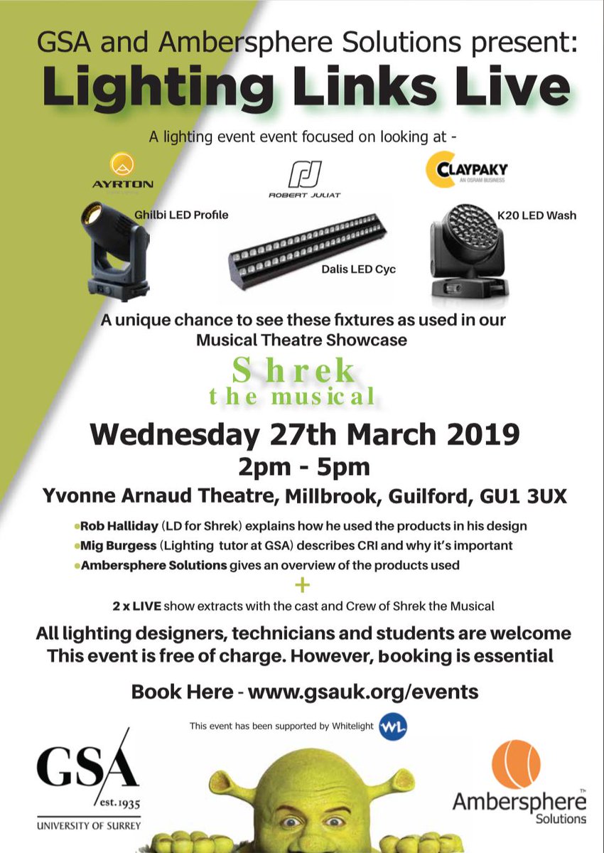 GSAProduction19's tweet photo. Make sure to book tickets to our free "Lighting Links Live" event during Shrek! #GSALX @Ambersphere_Sol @WhiteLightLtd https://t.co/txwHboPKJK