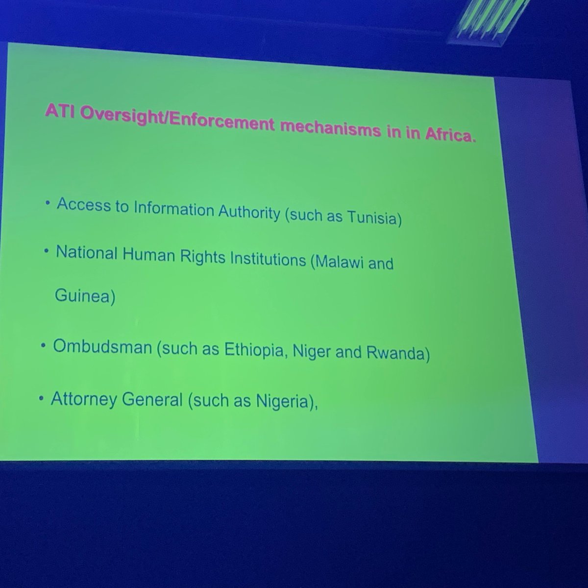 CampaignFoI's tweet image. Panel on enforcement, monitoring and supervision of #ATI / #FOI laws at #icic2019. Gilbert Sendugwa @AFIC1 outlines the various different oversight mechanisms in Africa and ideas for greater co-operation to overcome the challenges of lack of enforcement/implementation.