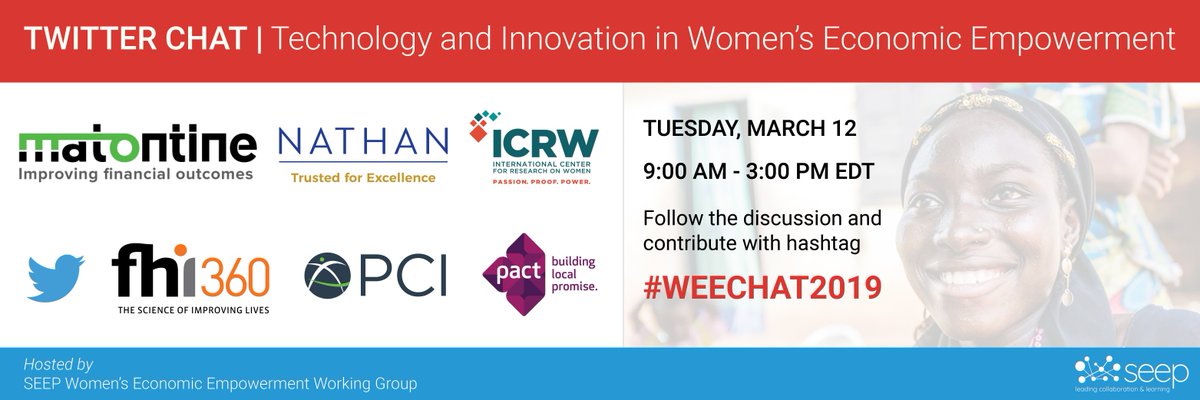 Stay tuned for a Twitter Chat on Technology and Innovation in Women's Economic Empowerment w/ @TheSEEPNetwork. Follow and contribute w/ #WEECHAT2019!  #IWD2019 #BalanceforBetter