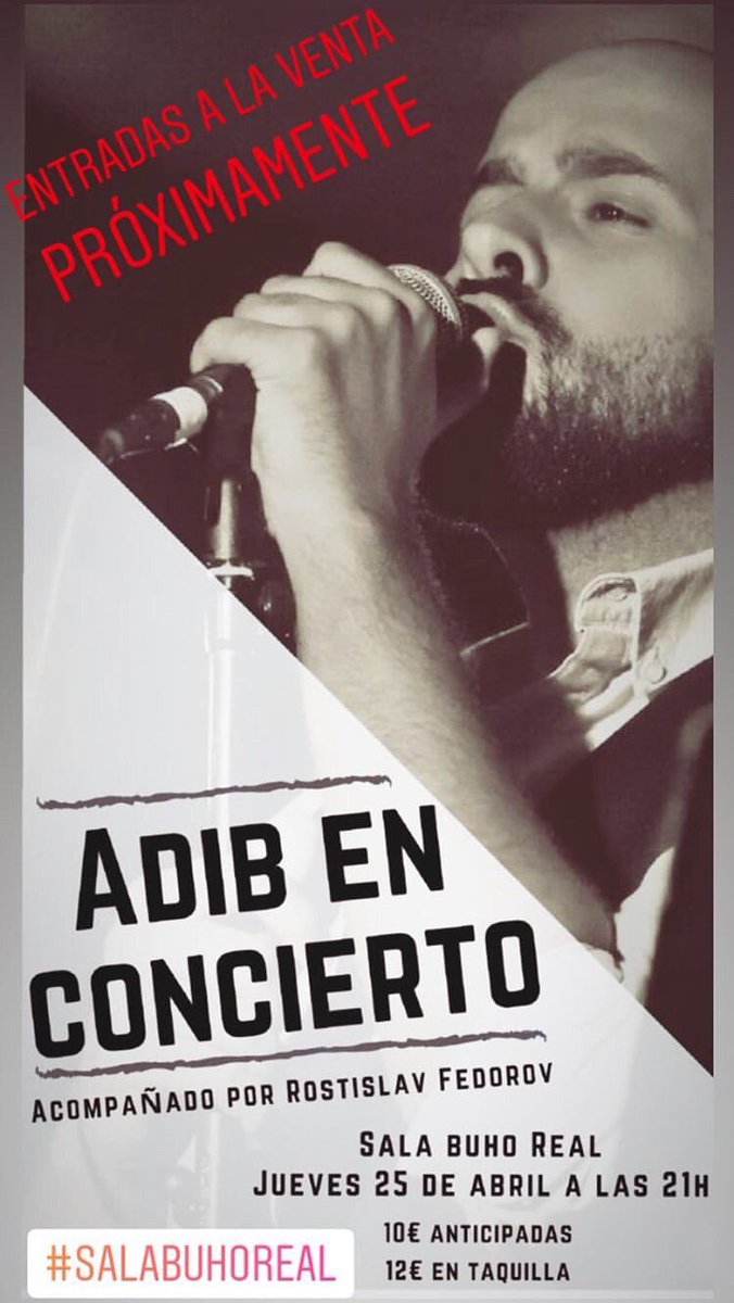 OficialAdib's tweet photo. Que contento estoy de volver a veros y de cantar para vosotros con mi gran compañero Rostislav Fedorov al piano en la @SalaBuhoReal . Entradas a la venta PRÓXIMAMENTE! #concierto #salabuhoreal https://t.co/FPlwJCZB06