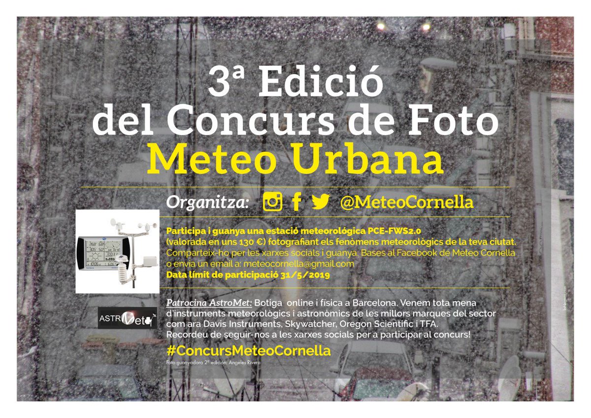 @AlfredRPico Tornem a organitzar #concurs fotogràfic #meteorologia urbana Fotos amb hashtag #ConcursMeteoCornella poden guanyar #estació #meteorològica valorada en 130€ Convidem a participar als teus seguidors #meteo #temps #meteorac1 @AstroMetBcn 🗒 https://www.facebook.com/notes/meteocornella/bases-legals-concurs-meteo-urbana-3%C2%AA-edici%C3%B3/1139762476187318/ …