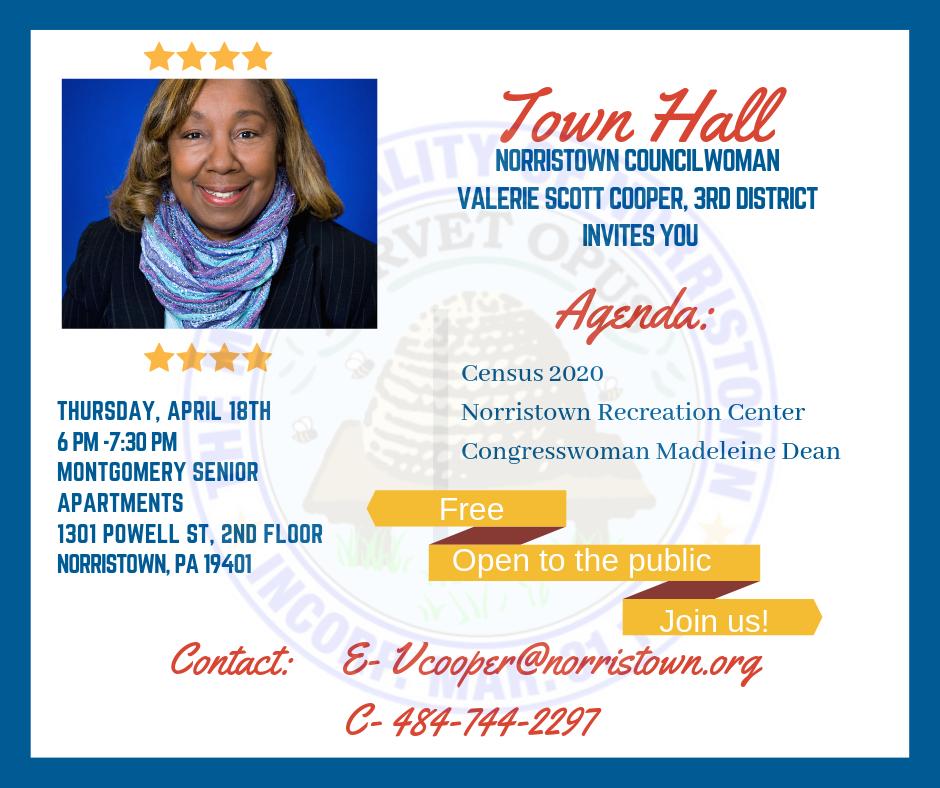 NorristownGov's tweet image. #Norristown Councilwoman Valerie Scott Cooper to host town hall on April 18th @ 6pm to discuss #Census2020 programming from @NorristownR and special guest @RepDean