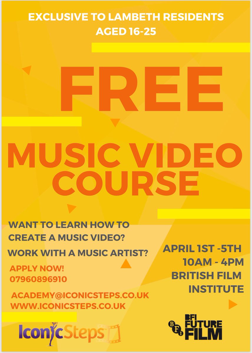 Know any budding filmmakers aged 16-25 interested in a FREE x1 week music video course <a href="/BFI/">BFI</a> w/@Iconic_Steps ? 🎬

An excellent hands-on opportunity. Learn from industry experts and have your work screened at the BFI.
▶︎ April 1-5 / 10-4pm
▶︎ EXCLUSIVE to #Lambeth residents