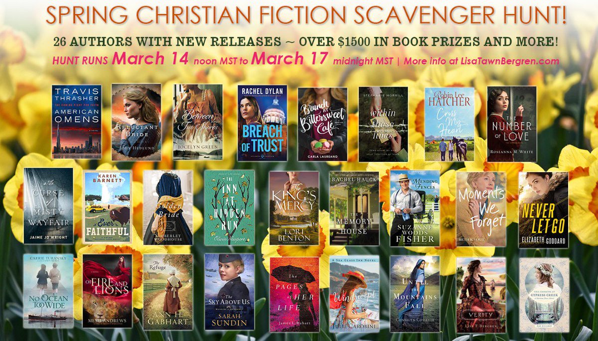 JodyHedlund's tweet photo. The Spring Christian Fiction Scavenger Hunt is almost here! 26 authors and TONS of giveaways! Don't miss it! (Starts on Thursday!) #AmReading #Books #Giveaway https://t.co/sTaOplhwAg