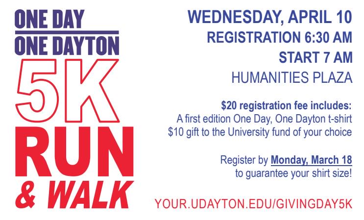 UDaytonWellness's tweet photo. Come join Karen Spina and Theo, the presidential pooch, for a campus 5K run/walk to kick off the celebration for One Day, One Dayton – UD’s first Giving Day! https://t.co/KBCMwTz9uM