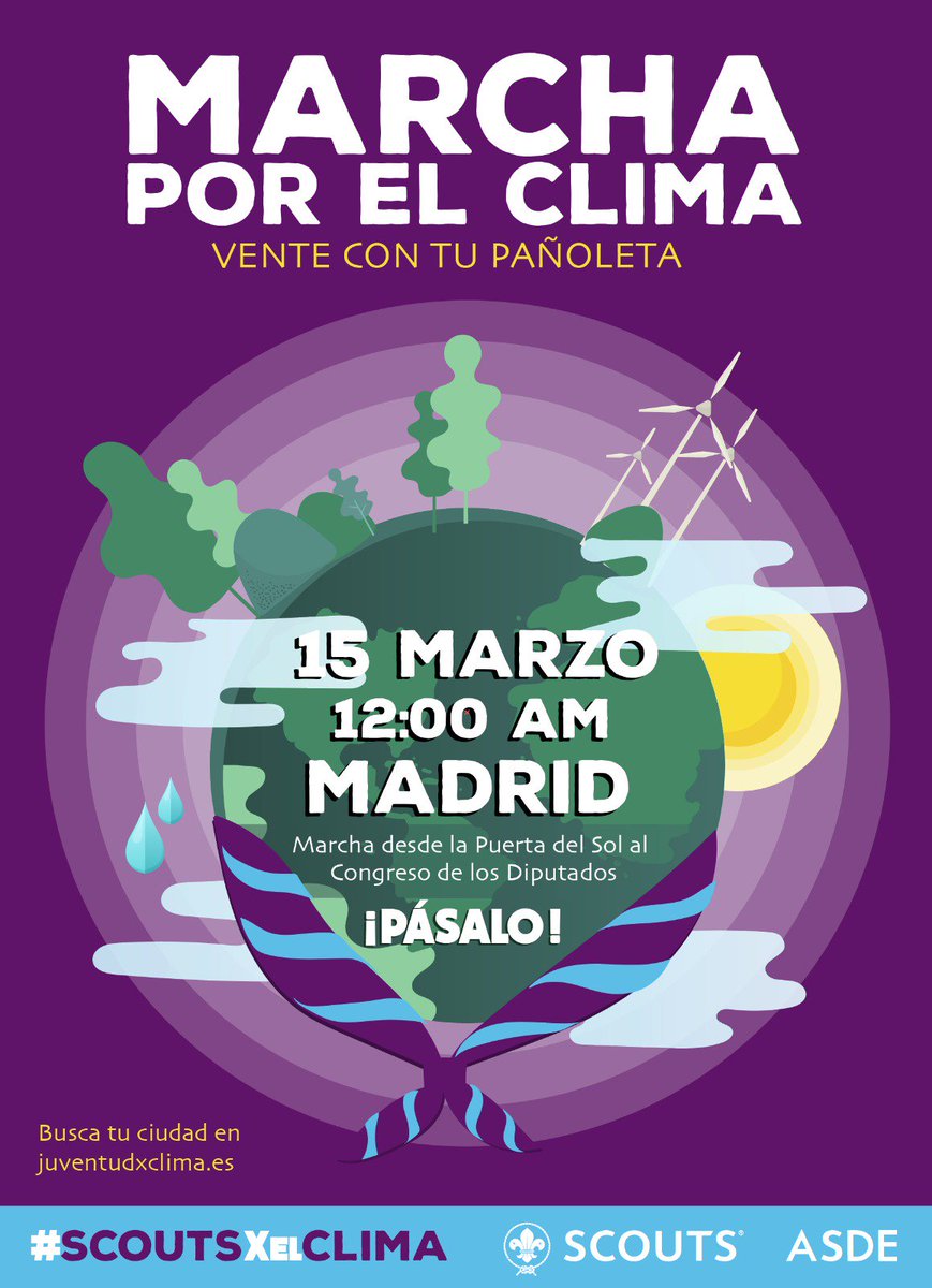 🌍 Este viernes #15M no puedes faltar a la manifestación de Madrid, o a la de muchísimas ciudades.
Encuentra la tuya en juventudxclima.es
Salimos a la calle con nuestras pañoletas contra el cambio climatico y por la protección de la naturaleza
#ScoutsxelClima #15MClimatico