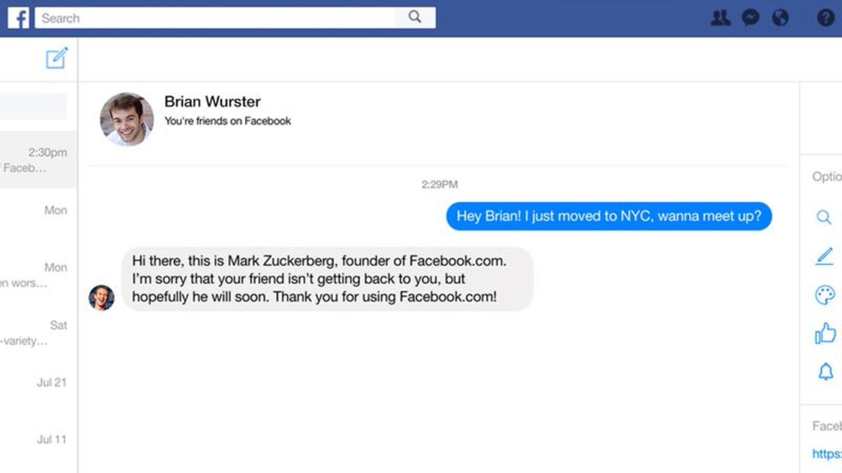 ClickHole's tweet photo. Game Changer: Mark Zuckerberg Will Now Respond To You In Facebook Messenger If Your Friend Doesn’t Get Back To You Quickly Enough https://t.co/BMqeaxjFGm https://t.co/1BSj7u9YqO