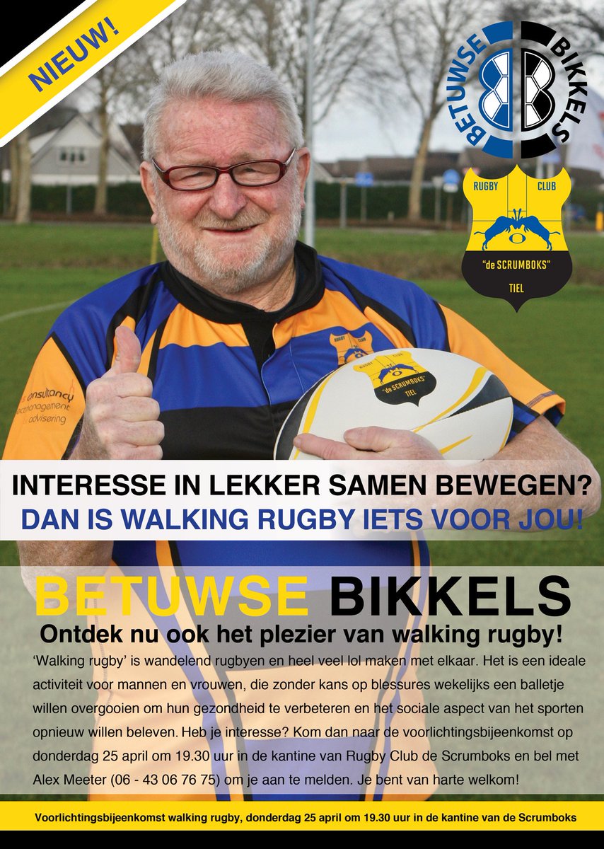 WALKING RUGBY TIEL!! 1STE BIJEENKOMST 25 APRIL 19.30 CLUBHUIS SCRUMBOKS