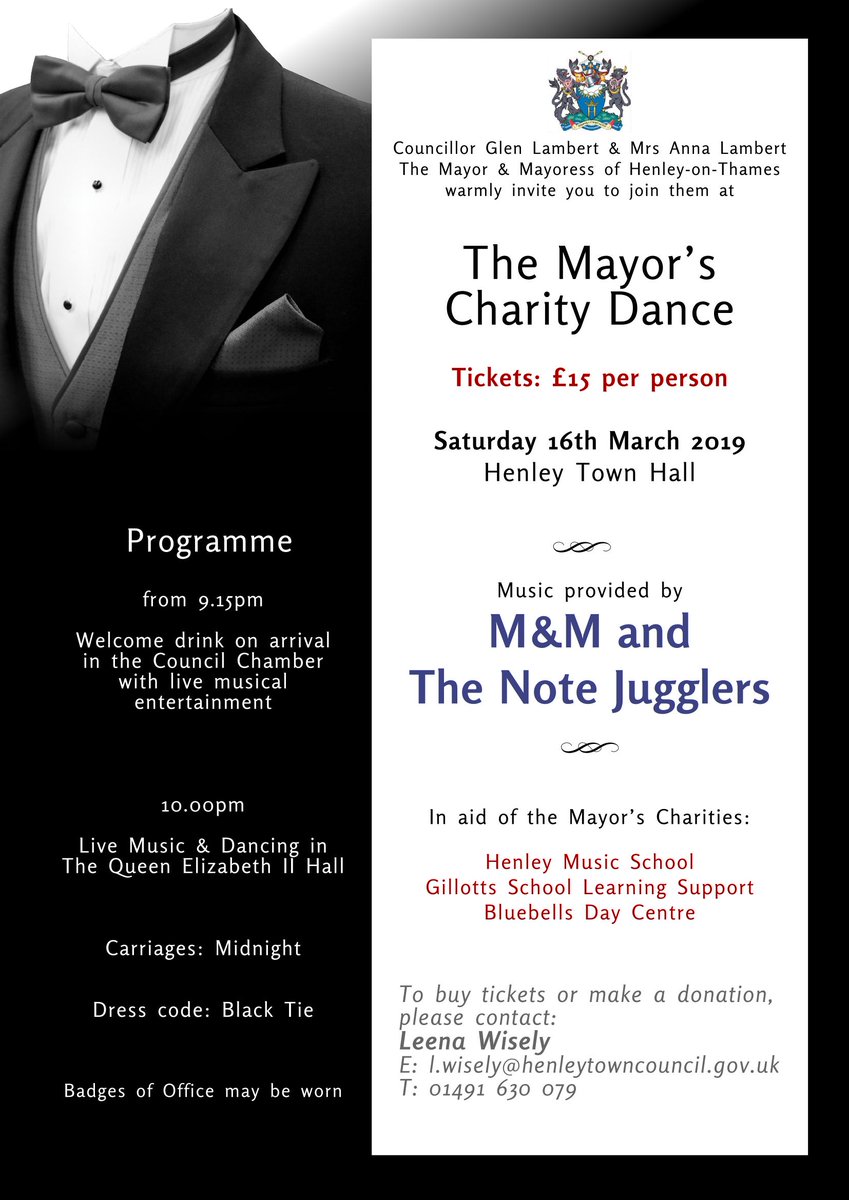 henleymayor1's tweet photo. There's still time to book tickets for the Mayor's Black Tie Charity Dance, Saturday, 16th March at Henley Town Hall from 9:15pm - £15 per admission including a welcome drink.  FANTASTIC 7-piece band! Contact Leena on 01491 630 079 or email l.wisely@henleytowncouncil.gov.uk https://t.co/X9qZe6eQcg