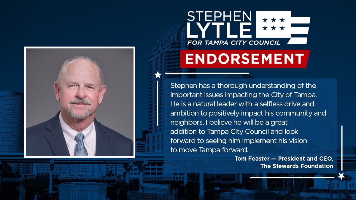 Lytle2019's tweet image. Add another #endorsement to the list. Thank you to Tom Feaster for the support! #Lytle2019 #MoveTampaForward #Tampa