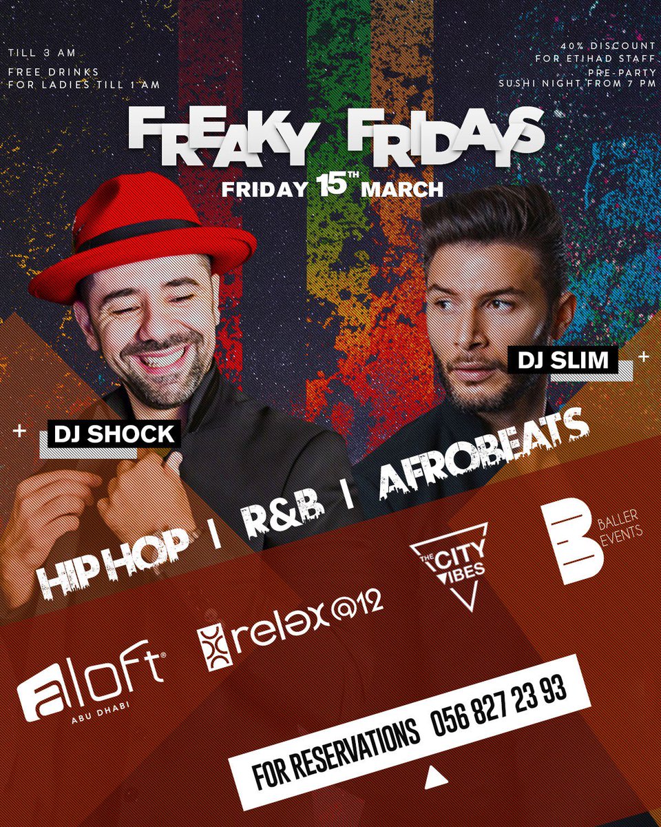 AloftAbuDhabi's tweet photo. This Friday at Relax at 12! Dj Shock x DJ SLIM LIVE in the mix! Hip Hop, R&amp;B and Afrobeats all night! ** Special offer ** INDULGE a pre-party dinner! Unlimited Sushi for AED  155/- net from 8 PM to 10 PM! Give us a buzz: 02 654 5193 https://t.co/I5VAigz6ey