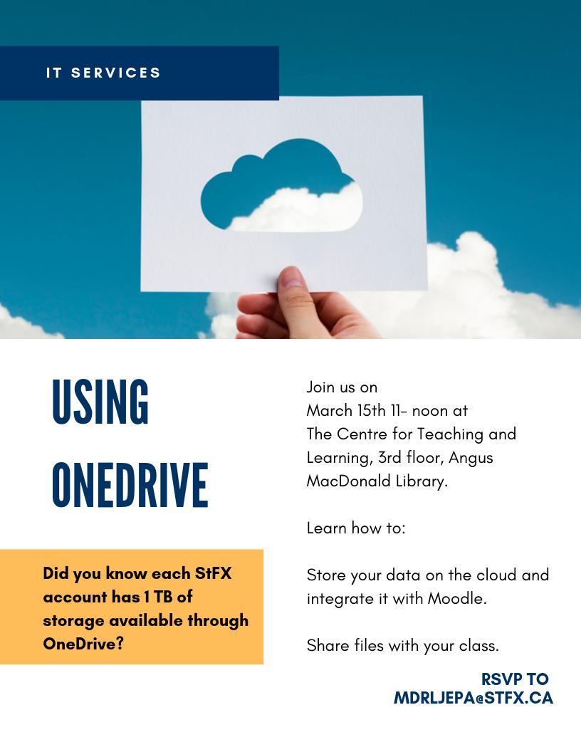 stfxitservices's tweet photo. Hey #stfxuniversity #StFXAUT faculty. Did you know StFX accounts have 1 TB of data storage through OneDrive? Join IT Services for an information session about using OneDrive https://t.co/mHsB6oz7EF