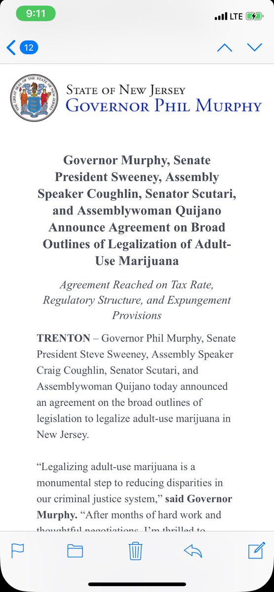 Breaking: <a href="/GovMurphy/">Governor Phil Murphy</a>, ⁦<a href="/NJSenatePres/">Steve Sweeney’s old @</a>⁩, ⁦<a href="/SpeakerCoughlin/">Speaker Craig J. Coughlin</a>⁩, ⁦@SenatorScutari⁩, and ⁦<a href="/AnnetteQuijano/">Annette Quijano</a>⁩ announce agreement on broad outlines of legalization of adult-use marijuana. Final text of legislation to be released within next few days.