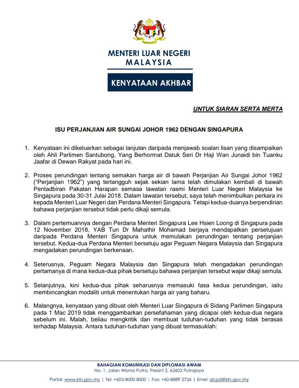 Malaysia Singapura Sedia Bincang Semula Perjanjian Air 1962