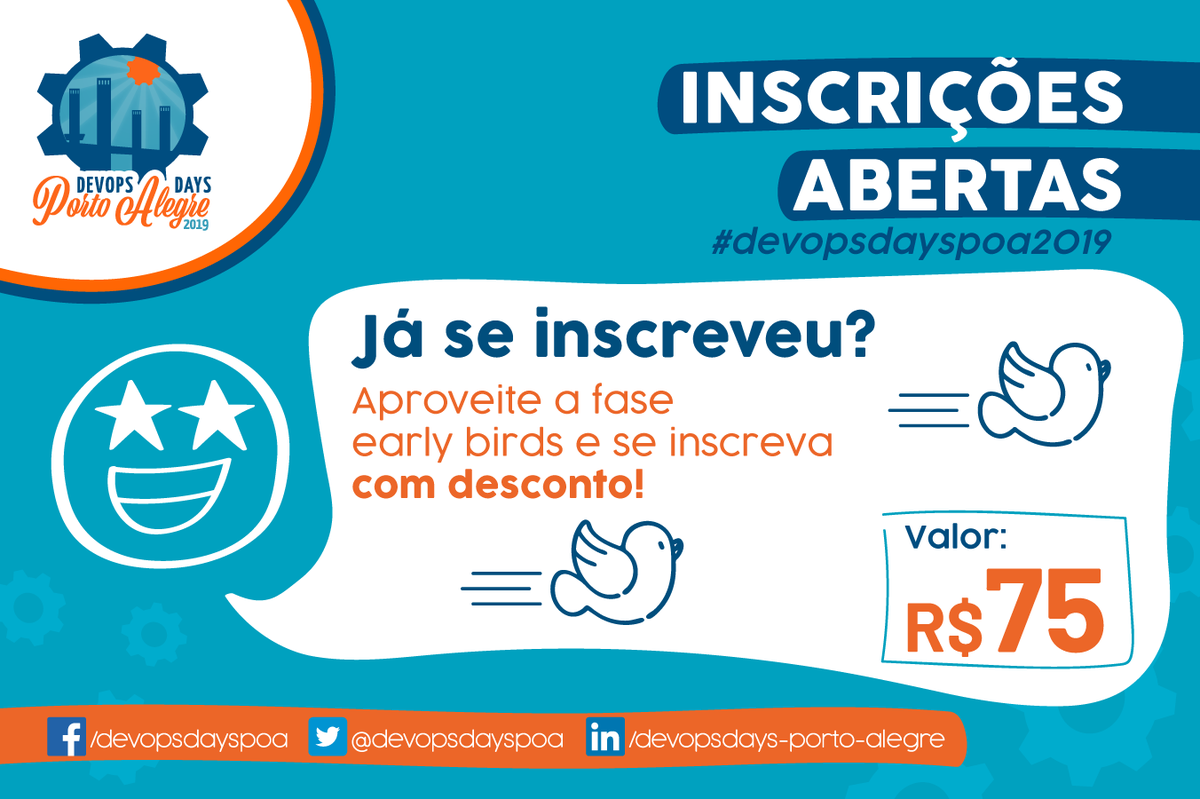 poadevopsday's tweet photo. Você sabia? A fase early bird do #devopsdayspoa acaba dia 15/03, isso mesmo, daqui 3 dias, não perde tempo e garanto o seu ingresso ;) https://t.co/gTXsTC04GM, contamos com a sua presença. #devops #devopspoa #devopsdays #devopsbr #culturadevops #vemearlybird https://t.co/Pjw9gFhNc6