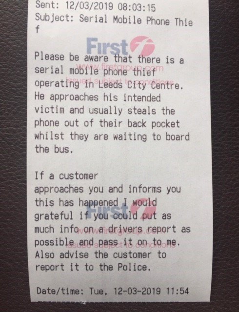 LeedsBACIL's tweet photo. Great example of positive intelligence sharing across the city with @FirstBusnews to keep the city safe #BeVigilance #WatchYourStuff https://t.co/F1xw8nqwFI
