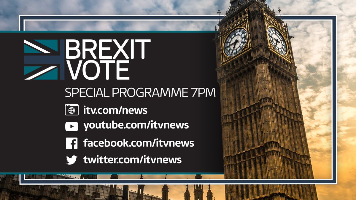 itvnews's tweet photo. Watch a special ITV News programme on the crucial #BrexitVote from 7pm on https://t.co/AZobprICFg and across social media, presented by @PaulBrandITV live from Westminster https://t.co/GrlX3QIEyA