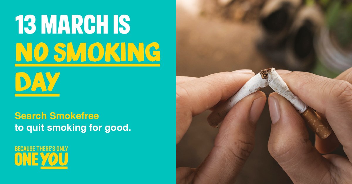 UKHSA_SouthWest's tweet photo. Quitting smoking is one of the best things you can do for your health. 13 March is #NoSmokingDay so why not kick the habit today? Go to https://t.co/kxDwARXa4X for free support. https://t.co/8zp3AeiYdx