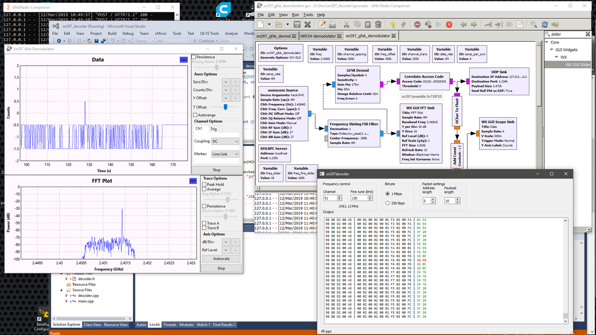 goebish's tweet photo. I'm finally making some tools to quickly grab XN297/XNS1042/PAN159 transceiver packets out of thin air. This transceiver is used by most of the current toy grade "drones" #SDR #gnuradio #DeviationTX https://t.co/oHMzeTN5QG