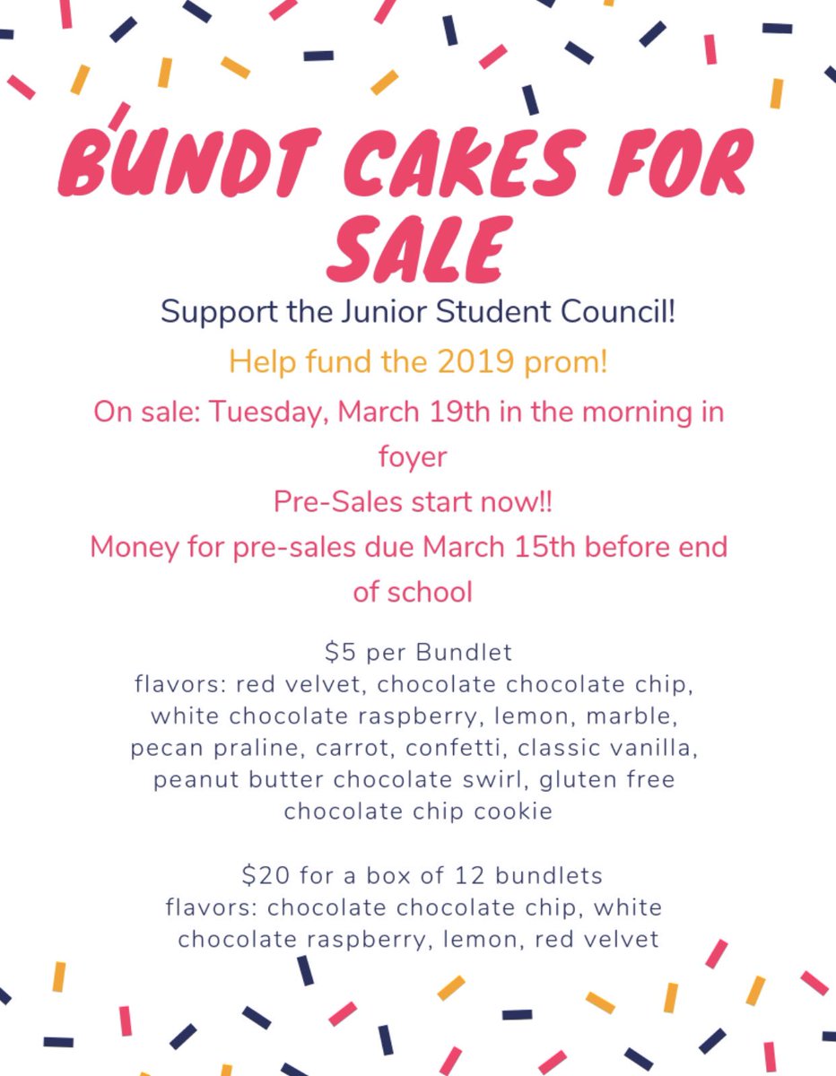 MrsHayesSTCE's tweet photo. Nothing Bundt Cakes pre-orders are happening! See a junior class council member, myself or Mr. Volz to get your orders in! https://t.co/F9q1d0GEOn