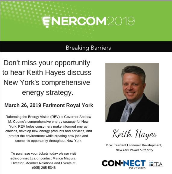 Register today for #Enercom2019 at the <a href="/FairmontRYH/">Fairmont Royal York</a> in #Toronto- don't miss your opportunity to hear Keith Hayes discuss New York's comprehensive energy strategy! <a href="/EDA_ONT/">Electricity Distributors Association (EDA)</a>