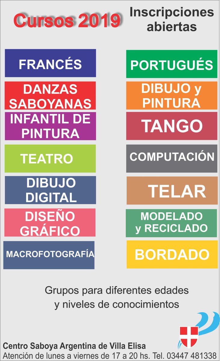 csaboyave's tweet photo. INSCRIPCIONES 2019🇫🇷❗️❗️

¿Conocés todos los talleres y cursos que ofrece este año el Centro Saboya Argentina de Villa Elisa?
Para mayor información y/o inscripciones podes consultarnos por Facebook, comunicarte al 03447-481338, o acercarte a Bv. Churruarín 1506.
Te esperamos!!! https://t.co/nvJaXRYdki