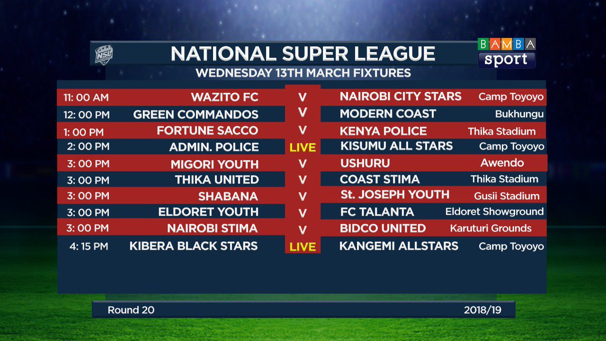 StarSportsKenya's tweet photo. The National Super League returns tomorrow and your #HomeofTrueFans will bring to you two live games from the Camp Toyoyo grounds as from 2pm. Make sure to tune in to catch all the action.
#BambaSport https://t.co/HZfwn5Lf5b