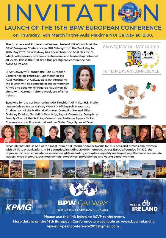 BPWGalway's tweet photo. We are really looking forward to the launch of the 16th BPW European Conference this Thursday night at 6pm in NUI Galway, we invite members and friends to join us. Please RSVP on the link and feel free to share the invitation far and wide. https://t.co/dYbnNTBii1 https://t.co/tg5gFlywx0