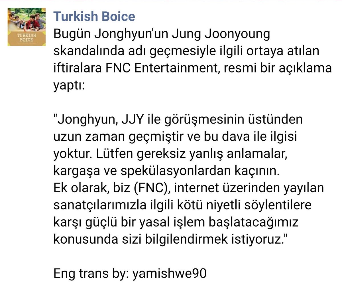 Bugün Jonghyun'un Jung Joonyoung skandalında adi geçmesiyle ilgili ortaya atılan iftiralara FNC Entertainment resmi bir açıklama yaptı:

"Jonghyun, JJY ile görüşmesinin üstünden uzun zaman geçmiştir ve bu dava ile ilgisi yoktur."

Eng trans by yamishwe90 #씨엔블루 #이종현