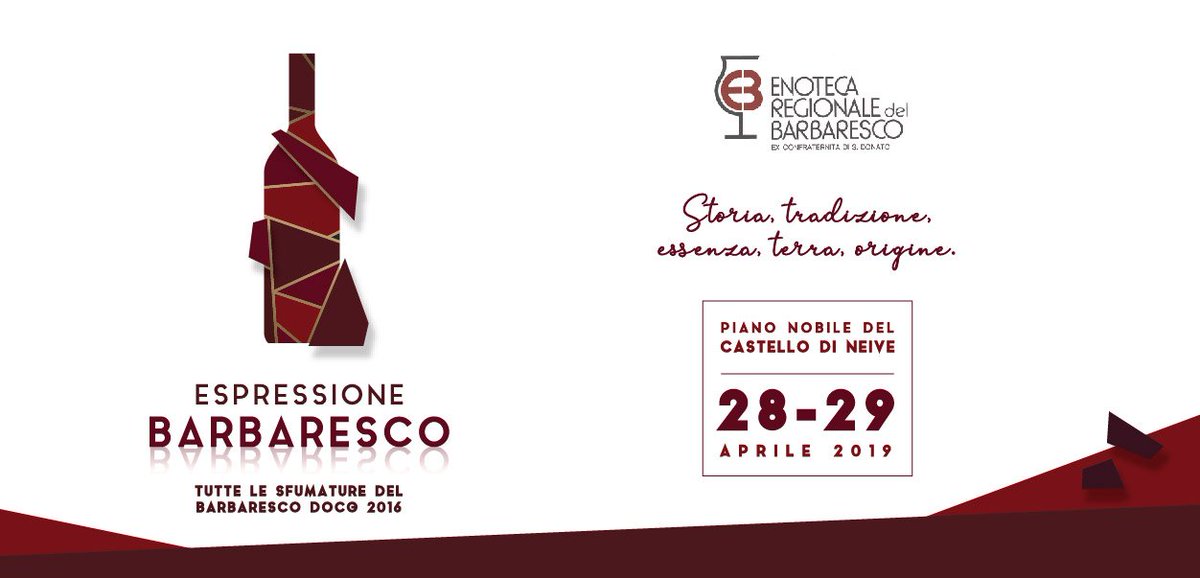 Espressione - Tutte le sfumature del Barbaresco DOCG 2016
<a href="/EnoBarbaresco/">Enoteca Regionale del Barbaresco</a> presenta un Evento di 2 giorni: domenica 28 aprile 2019 e lunedì 29 aprile 2019 presso Castello di Neive