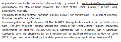 ConCourtSA's tweet image. Applications for clerkships (law researchers) at the CC are open until 31 March 2019. Details on attached form.