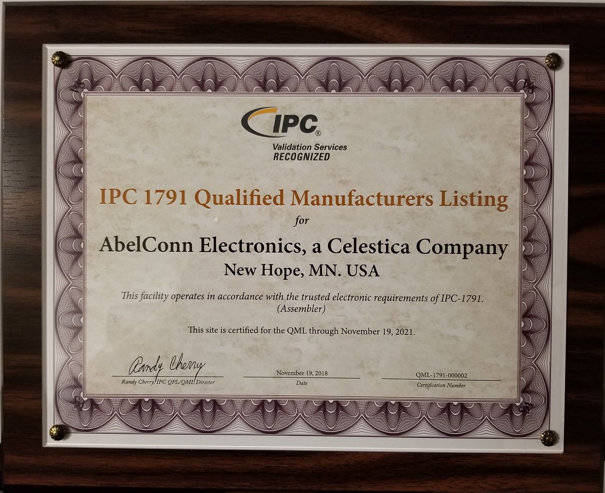 AtrenneOfficial's tweet photo. AbelConn Electronics is proud to have partnered with industry members and @IPCassociation to develop IPC-1791 and has now been added to the IPC-1791 Qualified Manufacturers Listing! Read more: https://t.co/CShE4wplfo #IPC #IPC1791 https://t.co/OUHJyVLotV