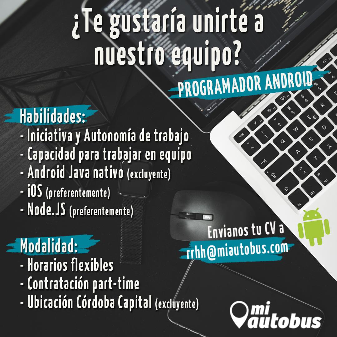 alexispicong's tweet image. Gente, estamos buscando #ProgramadorAndroid para sumar al equipo de @MiAutobus 💻
Si saben de alguien que esté en la búsqueda nos avisa.
¡Agradezco que puedan compartir la publicación!
Requisitos fundamentales:
- Residir en Córdoba Capital 🌎
- Compartir nuestros valores 🥰