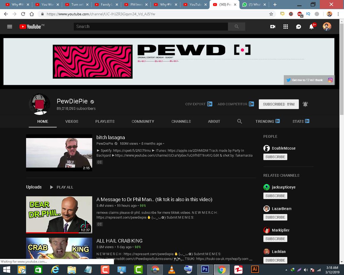 shahtajahmedbh1's tweet photo. @pewdiepie cross 89 millions subscribers on youtube wow man congrats your target of 100 millions is near :D
#pewdiepievstseries
#pewdiepie
#pewnews
#pewd
#pewdiepietseries
#tseries
#unsubscribetseries
#topyoutubechannel
#youtube
#1youtuber https://t.co/KnltqaH2c3
