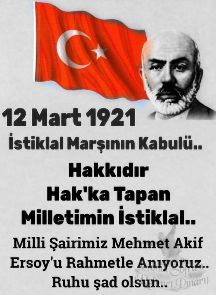 12 Mart 1921
İstiklal marşı, milli marşımız olarak seçildi.
Allah bu millete bir daha İstiklal marşı yazdırmasın! (Amin )
@dursun66 
@zeynom7927 
@FehimP4s4 
@S0SY0L0G_ 
@Zulfuarus_