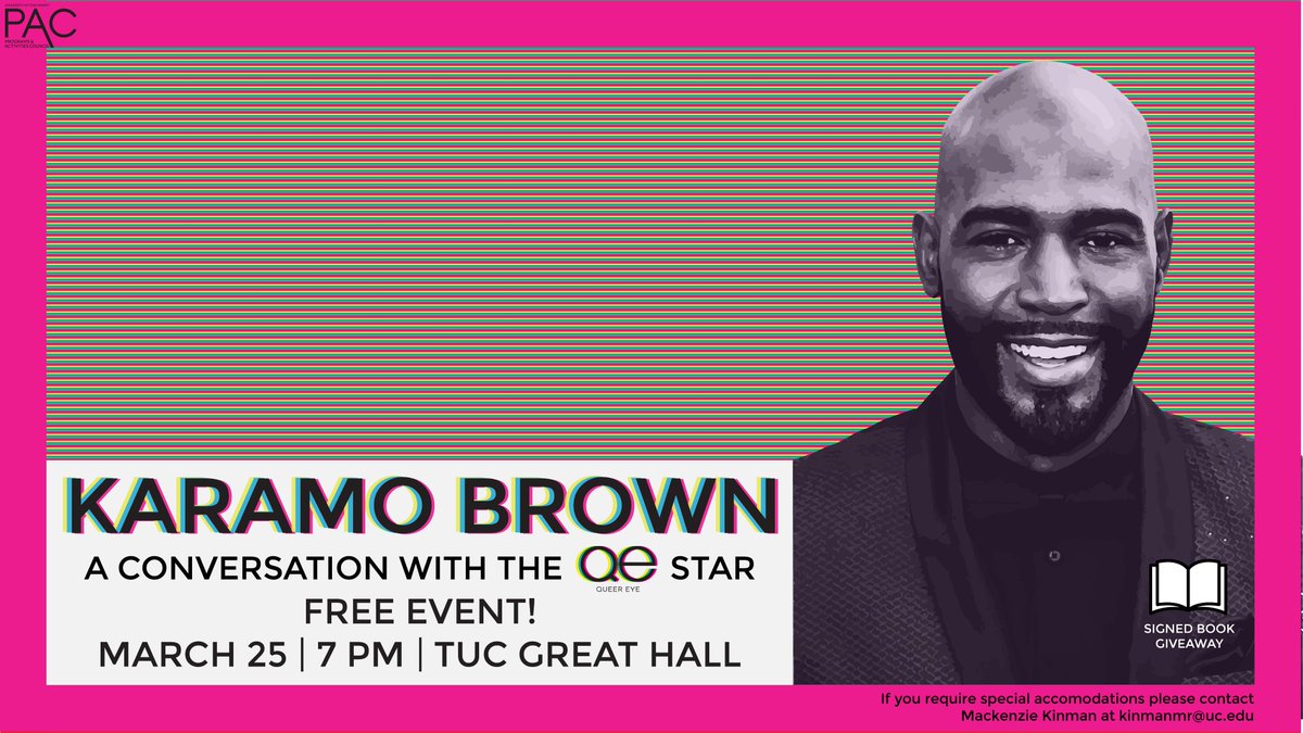 PACUC's tweet photo. CONTEST: Retweet this post and tag a friend that you'd like to meet Karamo Brown with! Grand prize winners will receive a signed book AND meet and greet at the Conversation with Karamo event on March 25th in Great Hall! 🌈✨ *Must be following @pacuc account for a chance to win https://t.co/fre4lUP8FN