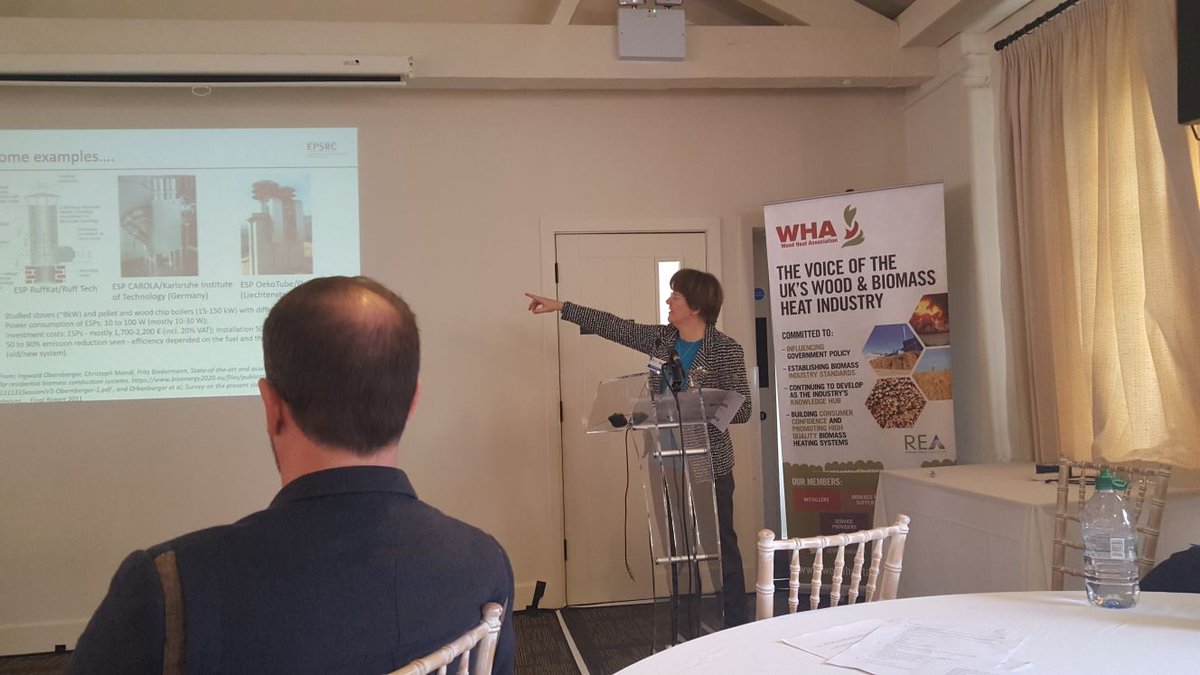 WHAssociation's tweet photo. Prof Jenny Jones of Leeds University focusses attention on electrostic precipitators to reduce #biomass emissions. 97% pm removal - very effective but expensive #woodheat2019 #airquality #particulates https://t.co/WMzq5knVJQ