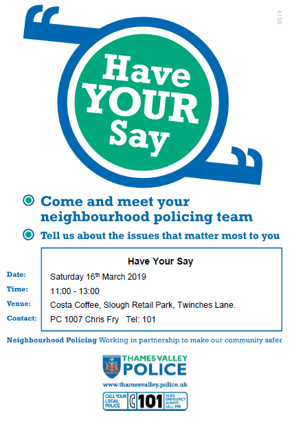TVP_BerksEast's tweet photo. Cippenham policing team will be at Costa Coffee, Twinches Lane this Saturday (16th March) between 11am - 1pm hosting a #HaveYourSay event. Please feel free to come and speak to an officer about issues or concerns in your community and receive crime prevention advice. #P1007 https://t.co/6Akybktz0P