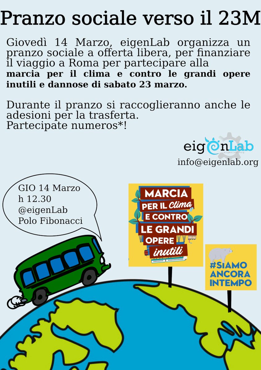 eigenLab_Pisa's tweet image. Giovedi 14Marzo ore 12:30 nell&apos;orto di eigenLab (polo Fibonacci)

PRANZO SOCIALE per raccogliere fondi e adesioni per la 

MARCIA PER LA GIUSTIZIA CLIMATICA E CONTRO LE GRANDI OPERE INUTILI E DANNOSE #23M a Roma

facebook.com/events/2536188…

mastodon.bida.im/@eigenlab/1017…