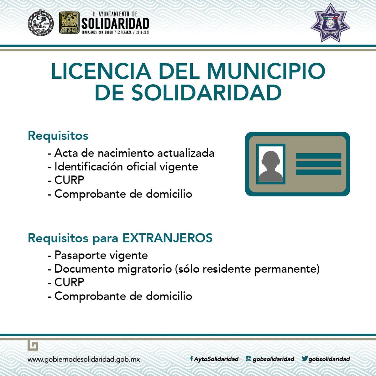 SPyTSolidaridad's tweet photo. La Dirección General de #SPTMS te proporciona los siguientes datos para realizar el trámite de tu licencia, el horario de atencion es de lunes a viernes de 8:00 am a 14:00 pm y sábado de 8:00 am a 11:00 am.

#AyuntamientoDeSolidaridad
#SeguridadPúblicaMunicipal https://t.co/YCsKaL5aMv