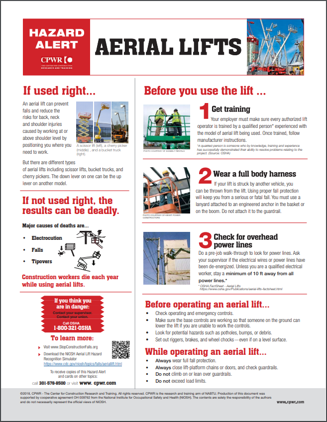 CPWR's tweet image. When using Aerial Lifts, make sure you wear a full body harness. Learn more in our Hazard Alert: tinyurl.com/ydzyl8qw