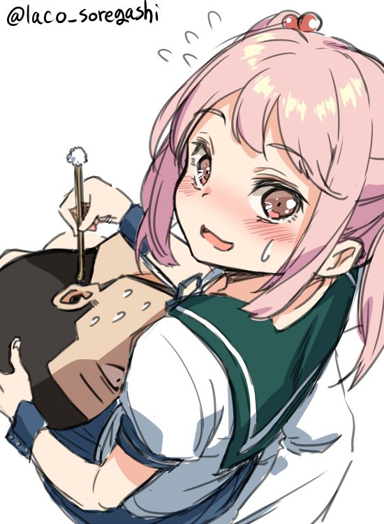 sazanami (kancolle) 1girl pink hair school uniform mimikaki serafuku twintails twitter username  illustration images