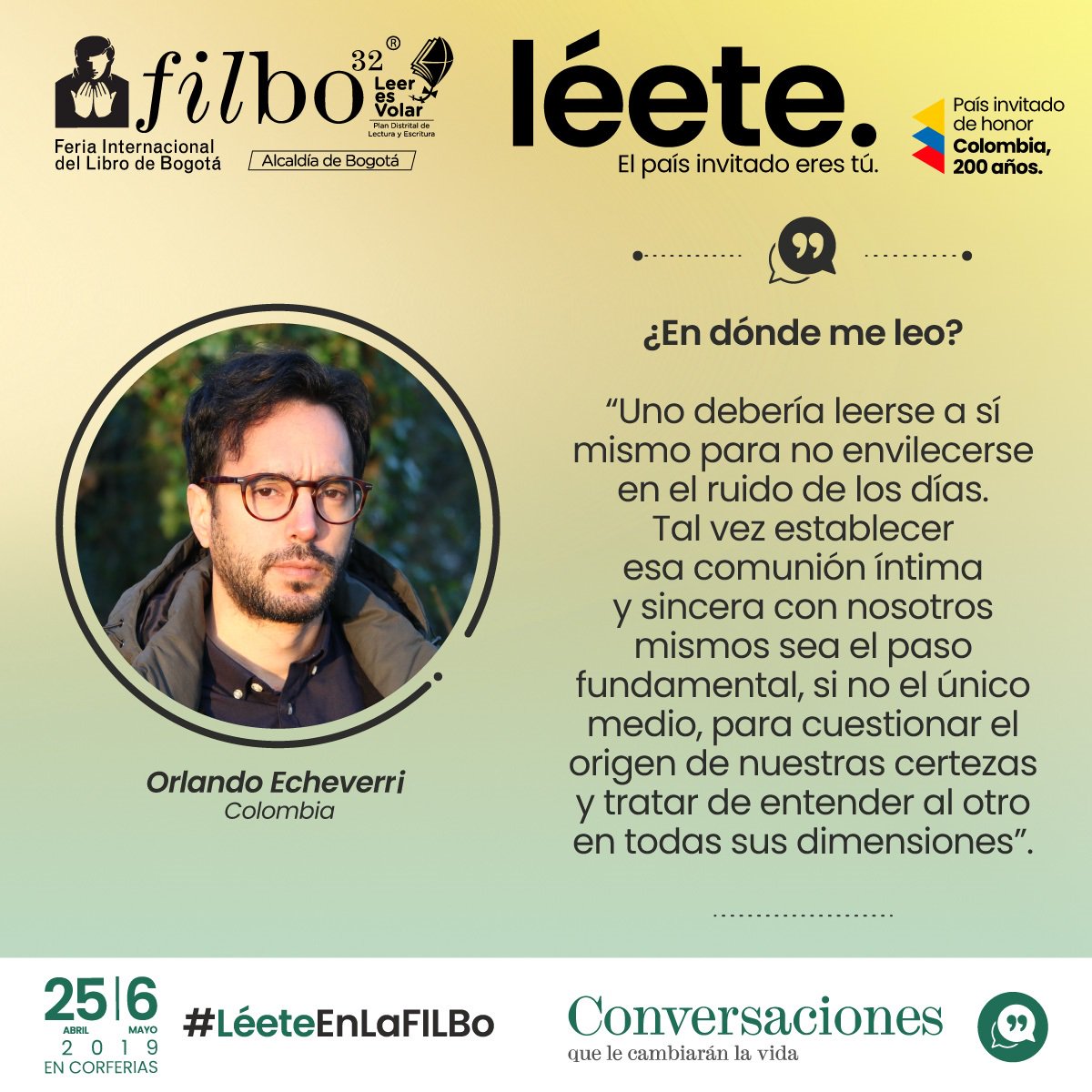 FILBogota's tweet photo. En la #FILBo2019 el escritor y fotógrafo @FosforosCalados  estará conversando sobre la presencia del “yo” en su escritura. Colombia, 200 años. Consulta la programación de la #FILBo2019 en  https://t.co/lEUnNx4C6f  #LéeteEnLaFILBo 
*Organizan: @CamLibro , @CorferiasBogota https://t.co/JxnFW8GxPU
