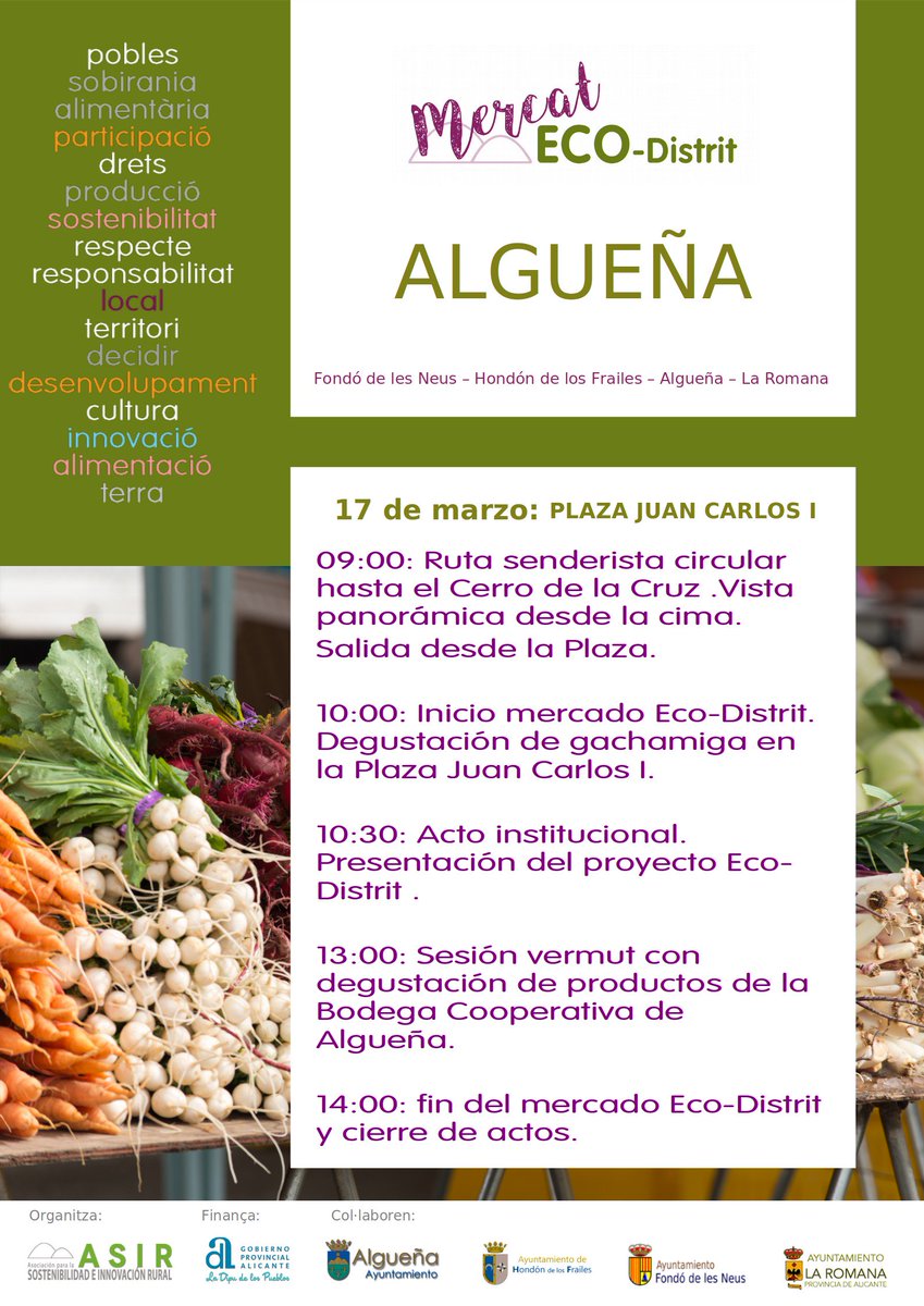 Mercat Eco-Distrit aquest diumenge a la l'Alguenya:
Ruta senderista circular fins al turó de la Creu, gatxamiga en arribar al  mercat, presentació del projecte Eco-Distrit, vermut de la Bodega  Cooperativa... i per descomptat les teues compres de productes  ecològics, artesans...