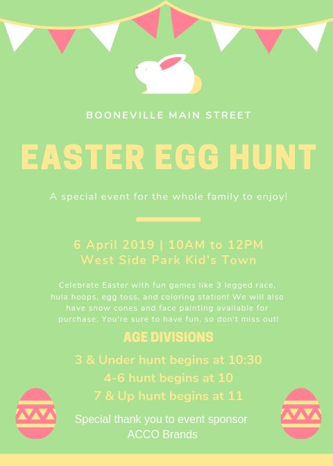 VisitBooneville's tweet photo. Mark your calendar for the city Easter egg hunt!! We will have fun games and prizes that you don’t want to miss🐰 https://t.co/sx86g0Gboh