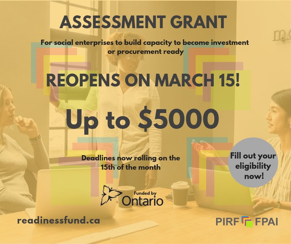 PIRF_FPAI's tweet photo. The Assessment Grant will re-open on Friday, March 15th! It will remain open until further notice with rolling deadlines on the 15th of every month. Get your eligibility and registration done today! #PIRF_FPAI #socent #socialenterprise #socialinnovation https://t.co/BCHkkoGbp6