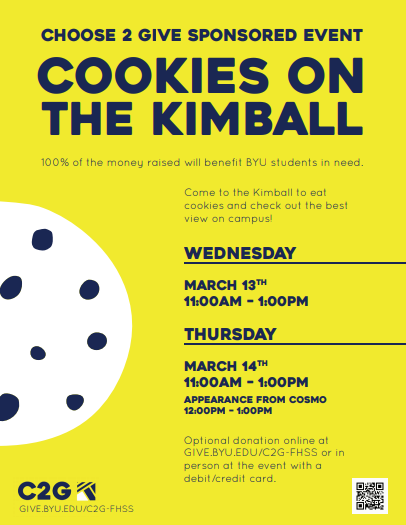 byufhss's tweet photo. Ever wanted to see the view from the tallest building in Provo? Wednesday and Thursday the 13 and 14 from 11 to 1, travel up the Kimball Tower, snack on free cookies and take some bomb pictures. #cookiesontheKimball #choose2give https://t.co/3xmgMKKlLk