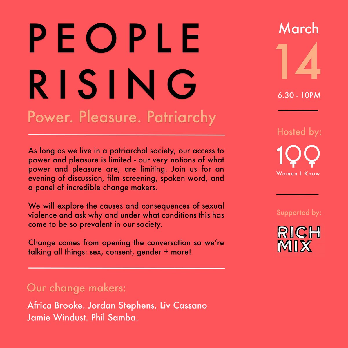 100WomenIKnow's tweet photo. TWO DAYS until our next event @RichMixLondon The evening will include a film screening, book reading, spoken word &amp; panel discussion with @fabjamiefab, @IdiosyncraticXL, @africabrookeTCR @althenative  @liv_css WE CAN’T WAIT to bring our community together! https://t.co/8cqRMzq7wT https://t.co/PwbJoDLM5S