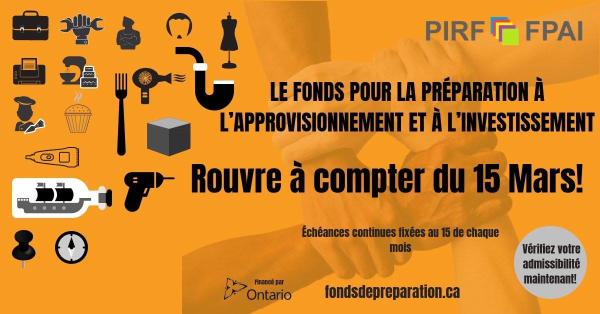 PIRF_FPAI's tweet photo. Volet de capacité du @PIRF_FPAI s’ouvre bientôt! La subvention d'évaluation menant au subvention de renforcement des capacités (jusqu'à $50 000) vise les entreprises sociales qui ont besoin d'aide pour évaluer leur niveau de préparation à l’investissement ou à l'approvisionnement https://t.co/1XfSXzp4Xp
